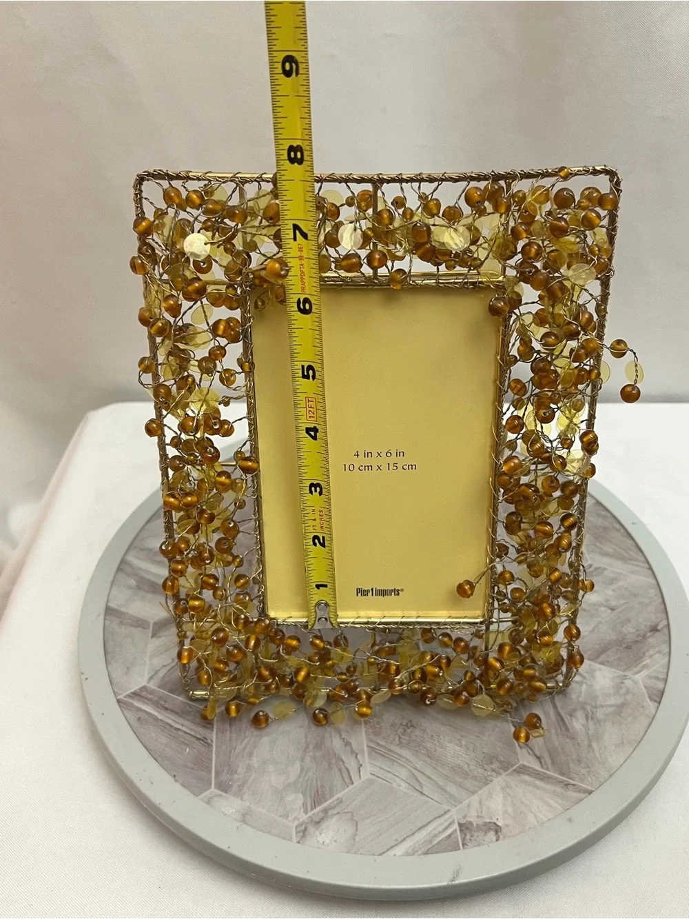 Pier 1 Imports Beaded Wire Photo Frame Gold Amber Glass 4x6 Decorative Frame